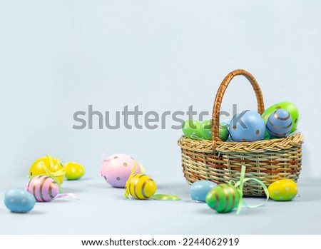 Easter eggs in a basket. Easter. Easter eggs background. copy space