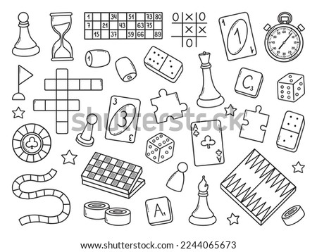 Board games doodle set. Checkers, lotto, chess, cards, backgammon in sketch style. Hand drawn vector illustration isolated on white background