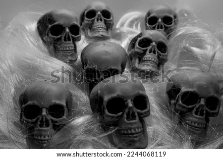 Black and White of a Goup of skulls on a white wig
