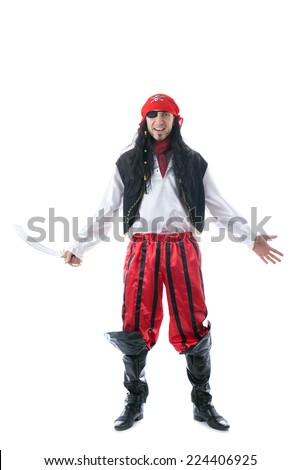 Cheerful man in pirate costume, isolated on white