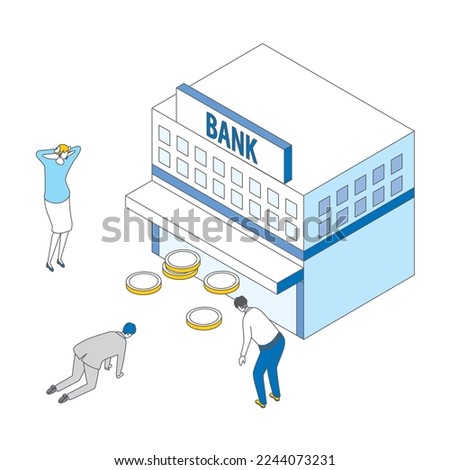 A simple isometric illustration of people who are sad because they have no money in the bank.