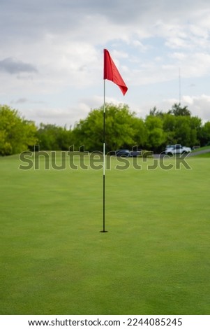 golf flag on a golf course with a landscape at sunset. vertical picture