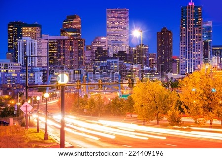 Denver Evening Traffic - Denver Commute After Dark. City in Motion. Denver Mile-High City. United States.