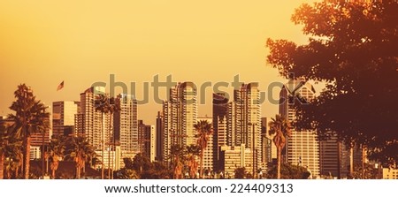 San Diego Sunset Panorama. Panoramic Photography of San Diego Skyline at Sunset. California, United States.