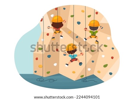 Cliff Climbing Illustration with Kids Climber Climb Rock Wall or Mountain Cliffs and Extreme Activity Sport in Flat Cartoon Hand Drawn Template