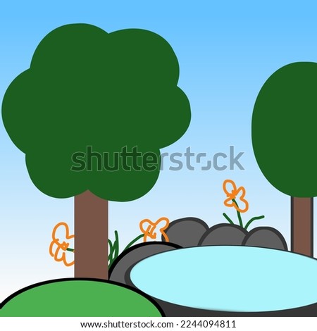 Green trees and pond with blue sky illustration