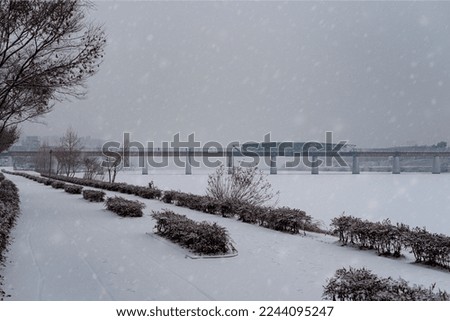 
the snowy landscape of the riverside walk