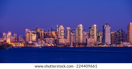 Colorful San Diego Downton. San Diego Skyline Panorama Photo After Dark.