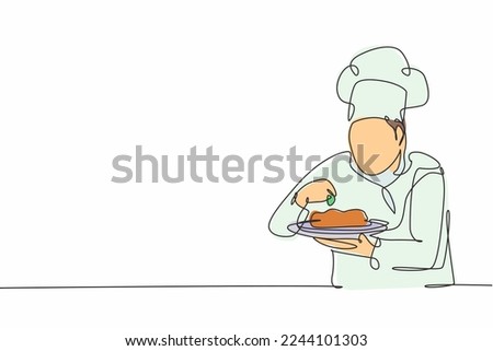 Continuous one line drawing of young confident handsome male chef sparkling salt and pepper to main dish before serving to customer. Food concept single line draw graphic design vector illustration