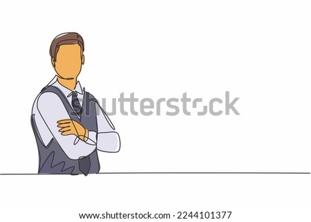Continuous one line drawing of young handsome male flight attendant posing cross arm on chest. Professional job profession minimalist concept. Single line draw design vector graphic illustration