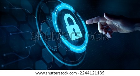 Cyber security and online data protection on internet. Finger touching HUD holographic secure access system interface with lock icon. Cybersecurity, privacy, network technology. Encrypted data vault. Royalty-Free Stock Photo #2244121135
