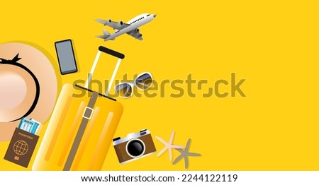 Yellow suitcase flat lay with travel accessories on yellow background. travel concept. vector, illustration Royalty-Free Stock Photo #2244122119