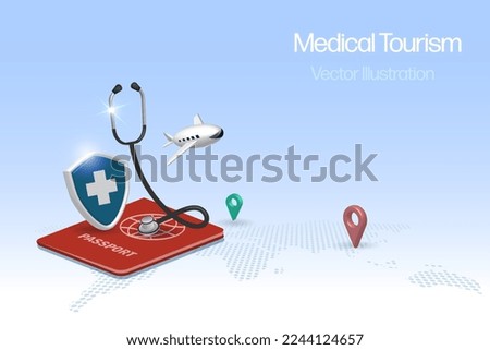 Medical tourism concept. Stethoscope on passport with medical insurance shield and airplane, symbol of tourist passenger flying for medical treatment service.