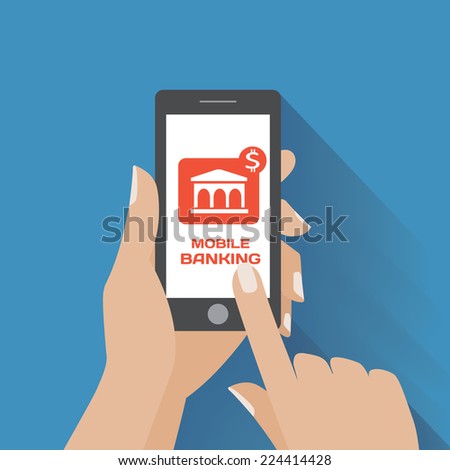 Hand holing smartphone with mobile banking icon on the screen. Using mobile smart phone similar to iphon, flat design concept. Eps 10 vector illustration