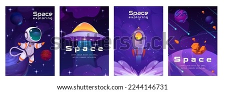 Cartoon set of space exploration game banner design templates with place for text. Vector illustration of astronaut, rocket and alien spaceship, planets, asteroids and satellites flying in night sky Royalty-Free Stock Photo #2244146731