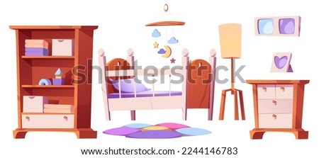 Nursery furniture set isolated on white background. Cartoon vector illustration of crib, floor lamp, dresser, toys on shelves, carpet, photo frames. Baby room interior design elements in pastel colors Royalty-Free Stock Photo #2244146783