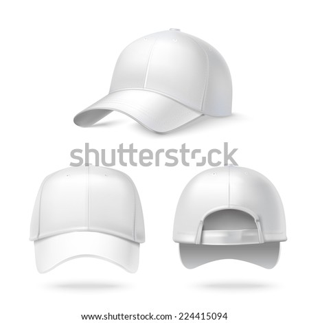Realistic back front and side view white baseball cap isolated on white background vector illustration