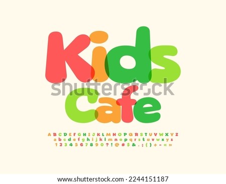 Vector creative logo Kids Cafe with playful watercolor Font. Childish style set of Alphabet Letters, Numbers and Symbols set