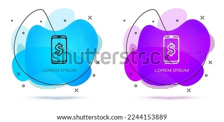 Line Smartphone with dollar symbol icon isolated on white background. Online shopping concept. Financial mobile phone. Online payment. Abstract banner with liquid shapes. Vector Illustration