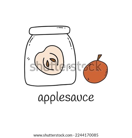 Applesauce in a glass jar. Nearby is half an apple. Delicious jam for desserts and other food. Colorful isolated vector illustration hand drawn. Card or icon clip art