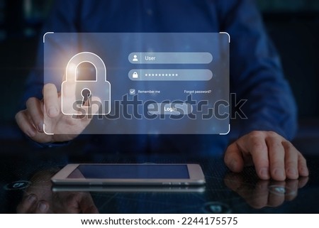 Password and username login page, secure access on internet. Online user authentication sign-in, cyber security, data protection. Finger touching lock icon. Person entering credentials to log in.