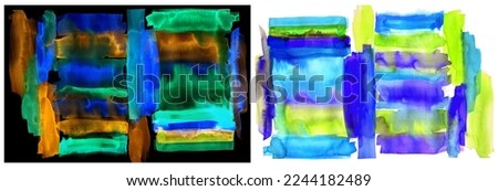 Set of blurred striped watercolor backgrounds. Two backgrounds in one. Blue, yellow, orange stripes are directed in different directions on white and black backgrounds.