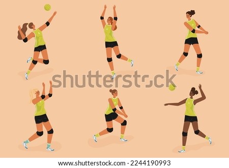 Volleyball female players in action vector set. Women volleyball athlete silhouette. Girl attack and serve the ball, jump, block pose