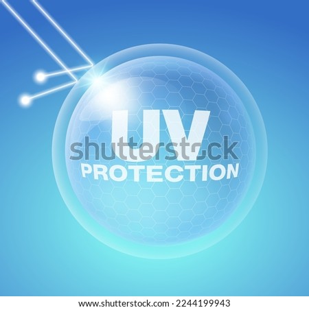Liquid atoms can block UV rays from the sun. Reflecting UVA and UVB rays, used to advertise sunscreens, lotions, serums, skin creams, cosmetics or liquids. realistic vector file Royalty-Free Stock Photo #2244199943