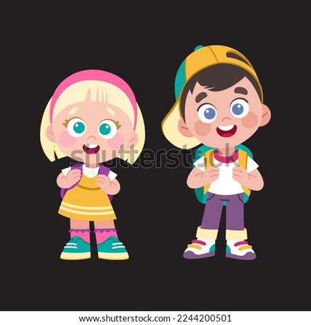 Cute little school boy and school girl with backpacks. Vector cartoon character with 1 September and school theme. Smiling children in casual clothes.