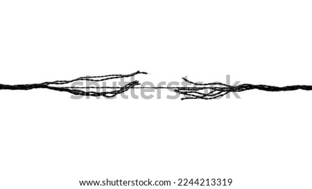 Long black thread on the verge of breaking, isolated on white background. Break the tough black rope. Rope under pressure on a white background. Black thread isolated on white background. Royalty-Free Stock Photo #2244213319