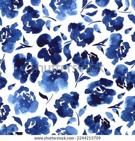 Seamless pattern with blue roses. Watercolor flowers, leaves. Elegant  endless botanical print, wallpaper, background. Repeat fashion print for fabric, clothes.