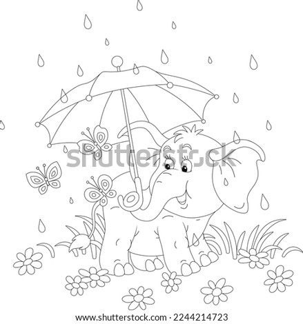 Friendly smiling little baby elephant and merry butterflies hiding from a rain under a toy umbrella on a summer field with flowers, black and white outline vector illustration for a coloring book