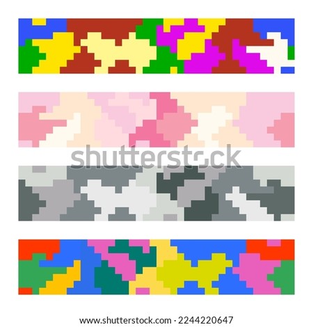 Set of geometric seamless ornaments executed in the form of pixel graphics. Design for wallpaper, cover, fabric, clothing, embroidery. You can change the color of the pattern. Vector illustration.