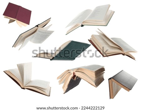 Many hardcover books falling on white background Royalty-Free Stock Photo #2244222129
