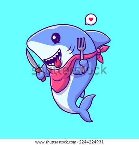 Cute Hungry Shark Holding Knife and Fork Cartoon Vector Icon Illustration. Animal Food Icon Concept Isolated Premium Vector. Flat Cartoon Style