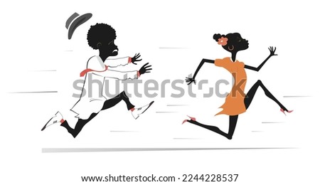 Young African woman runs away from the African man. 
Upset African man trying to catch up a runaway African woman. Isolated on white
