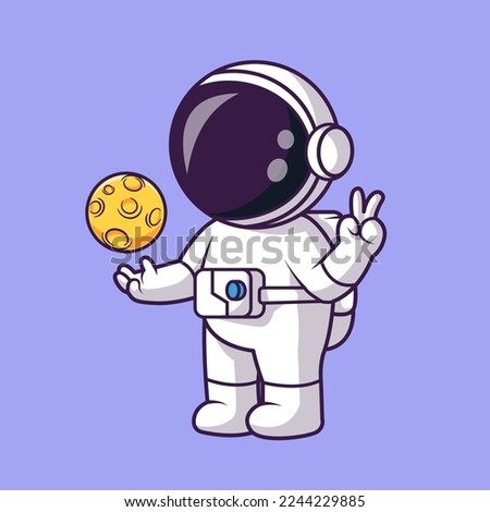 Cute Astronaut Playing Moon Ball With Peace Hand Cartoon Vector Icon Illustration. Science Sport Icon Concept Isolated Premium Vector. Flat Cartoon Style