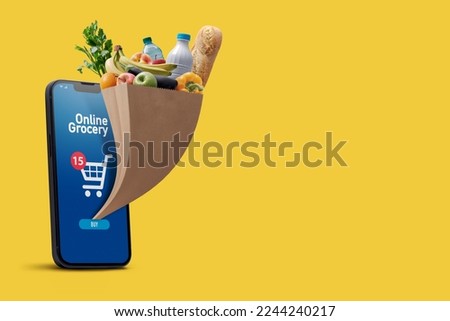 Online grocery app on smartphone and full grocery bag coming out of the smartphone screen, copy space Royalty-Free Stock Photo #2244240217