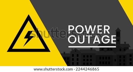 Power outage web banner has a warning sign of high voltage and the town without electricity in the background. Royalty-Free Stock Photo #2244246865