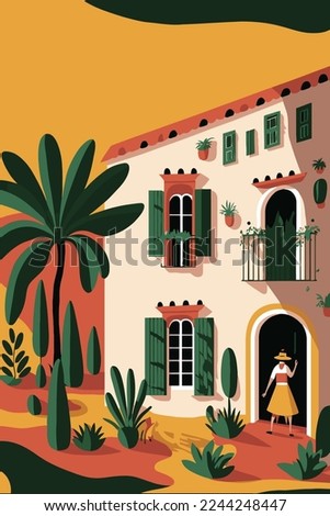 illustration house in mexico theme wall art print matisse style poster in vector flat color style