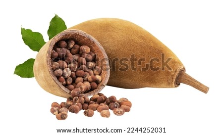 Baobab fruit ,seed and green leaves isolated on white background with clipping path. Royalty-Free Stock Photo #2244252031
