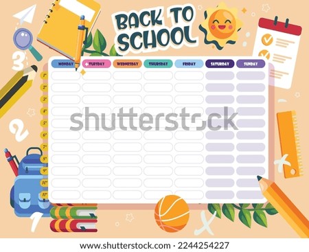 Weekly planner template colorful school elements. Cute childish school timetable, weekly classes schedule for kids with school supplies. Printable planner, diary for student. Stationery set for childr Royalty-Free Stock Photo #2244254227