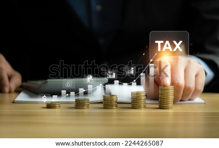Interest rate and dividend concept, Businessman is calculating income and return on investment in percentage. income, return, retirement, compensation fund, investment, dividend tax, stock market Royalty-Free Stock Photo #2244265087
