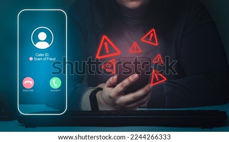 Woman reciving unwanted call on smartphone with red warning icons. Spam, scam, phishing and fraud concept. Security technology. Royalty-Free Stock Photo #2244266333