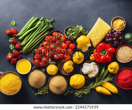 fruits and vegetables, flat surface, dark background, decoration