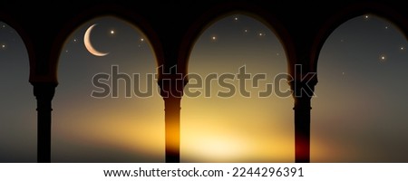 view through the mosque arches into the magic ramadan sky with crescent moon and star, festive islamic holiday celebration concept with copy space
