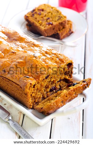 Pumpkin bread with cranberry, selective focus