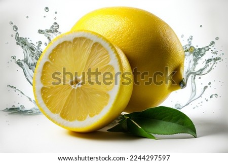 Close up lemon fruit with leafs and fresh splashing water studio photo. Lemons whole, half, slice, leaves on dark background. Food photography. Lemon slices with leaf and zest.
