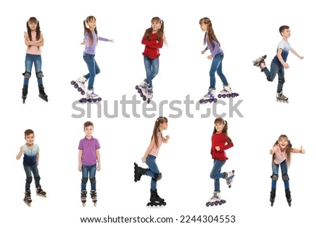 Photos of boy and girl with roller skates on white background, collage design