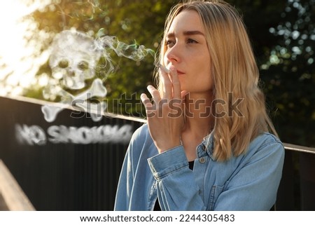 No Smoking. Woman with cigarette outdoors. Skull and crossbones symbol over phrase of smoke
